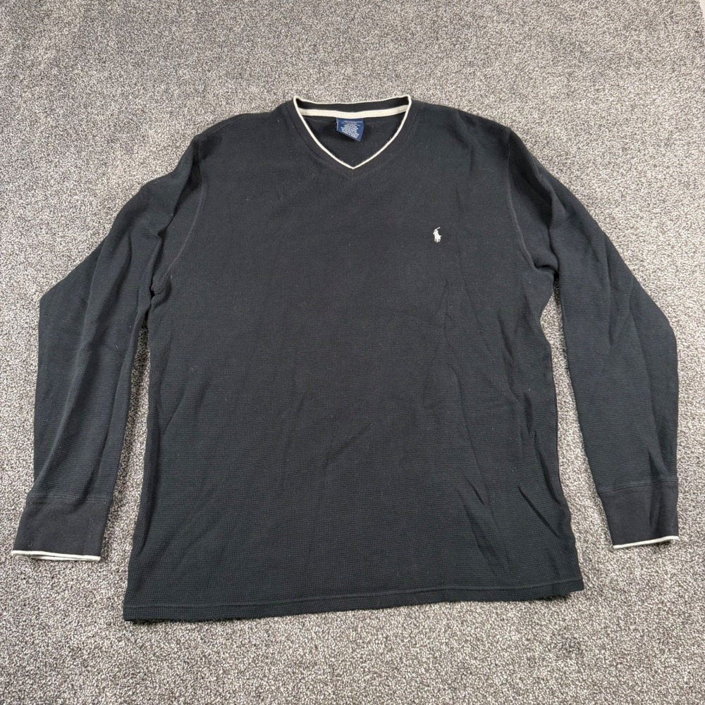 Polo Ralph Lauren Thermal Shirt Men's XL Black Waffle Knit V-Neck Long Sleeve - Picture 3 of 6
